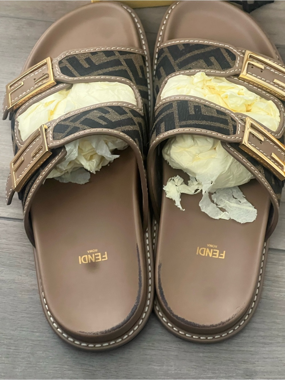 Fendi Brown & Black FF Jacquard Double-Buckle Slides - Picture 4 of 9